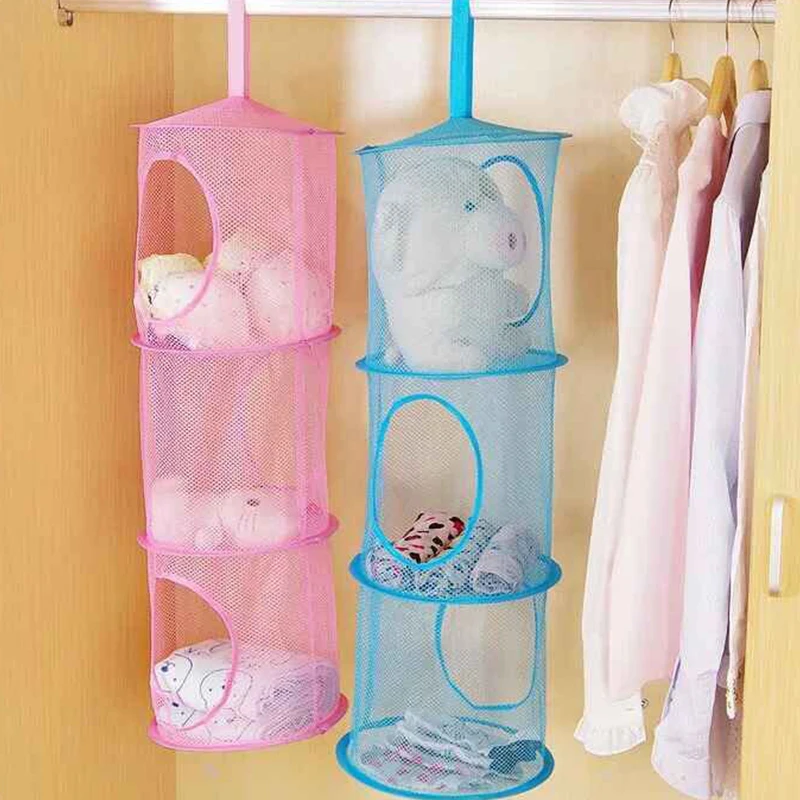 3 Shelf Hanging Laundry Basket Nylon Mesh Storage Basket for Toy Washing Basket Dirty Clothes Sundries Basket Organizer Bag