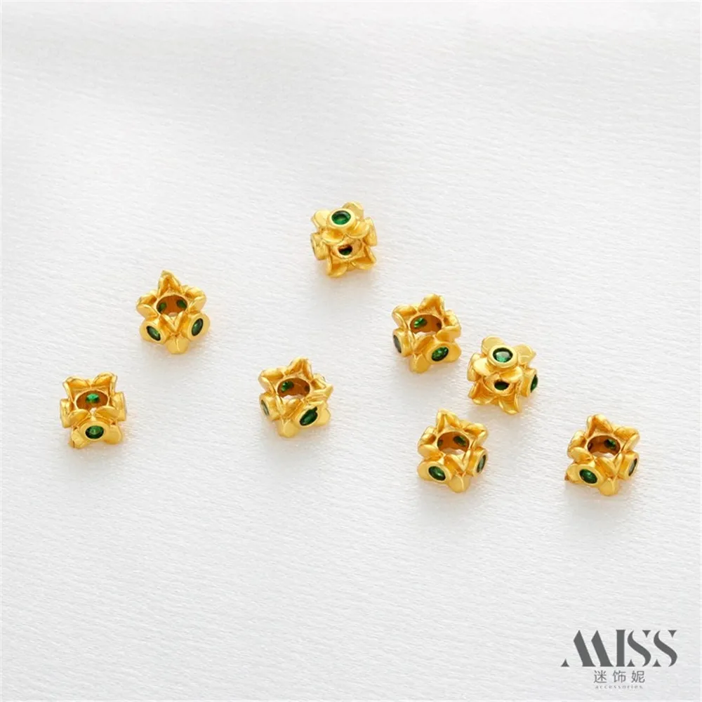 

18K Gold-wrapped Color Ancient Matte Gold Four-sided Flower Inlaid Green Zirconium Square Bead DIY Bracelet Jewelry Accessories