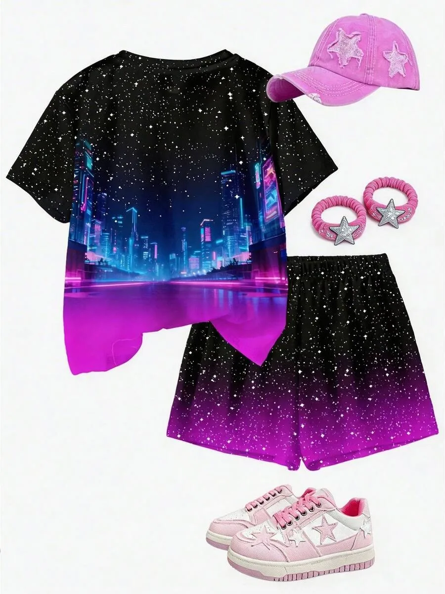 Mädchen-Set im K-Pop/Anime-Stil mit schwarz-violetter Sternenverlauf-Farbverlaufung: T-Shirt mit Allover-Print „Starry Girl“ + Mid-L-Shorts mit Farbverlauf – Detail 4