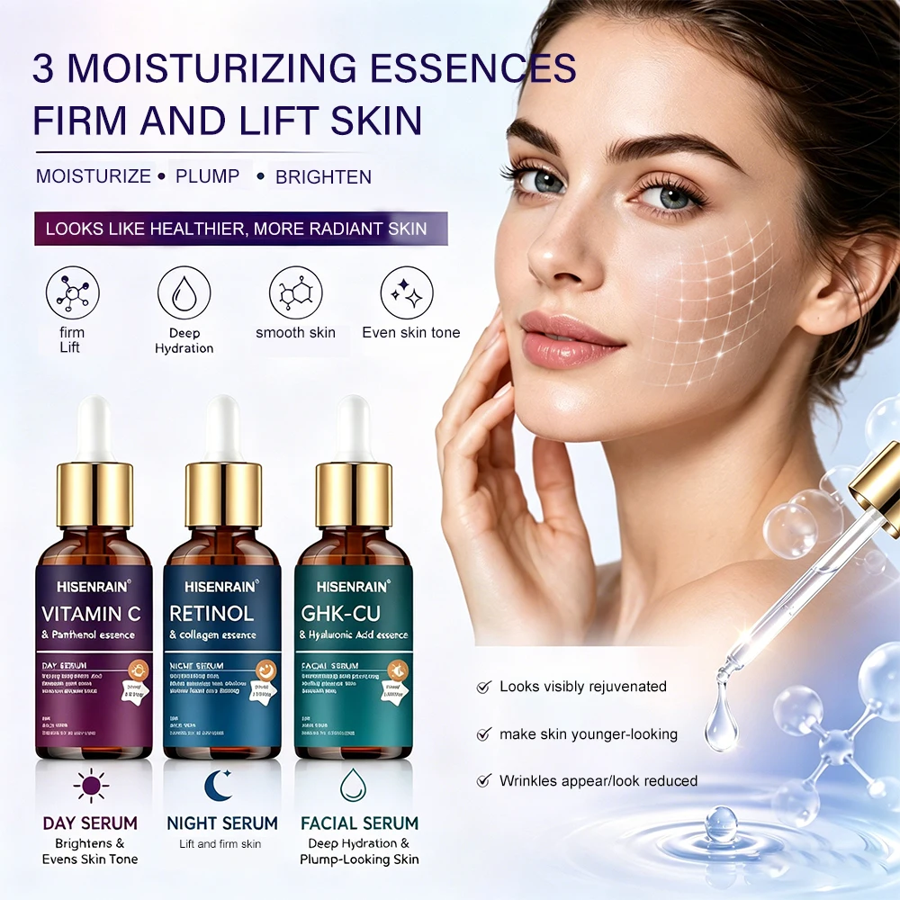 HISENRAIN 3PCS Vitamin C Retinol GHK-CU Day Night Serum Set Light Texture Deep Moisturizing Skin Brightening Firming And Lifting