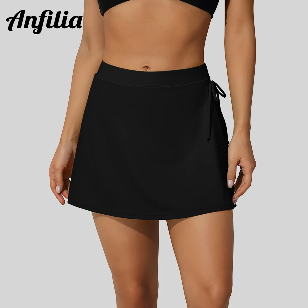 Anfilia Women High Waist Side Drawstring Swim Skirt with One Pocket Solid Color Tankini Bikini Bottom Beach Wear