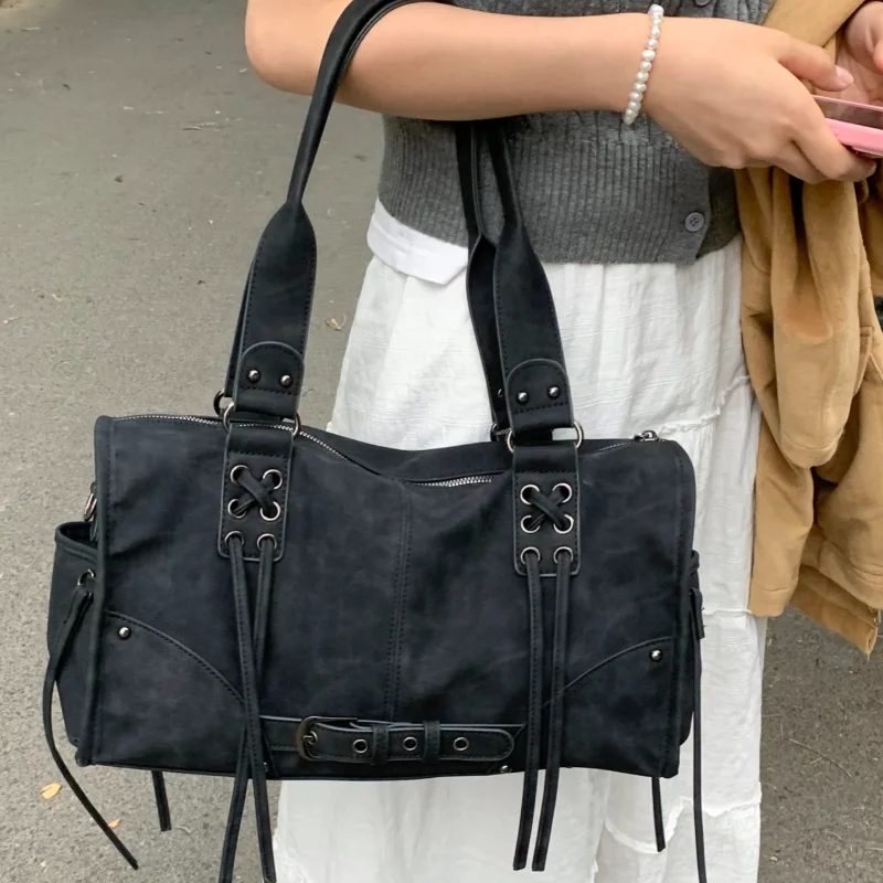 

Women Motorcycle Tote Bag Large Capacity Multi Pocket Handbag Tassel Belt Buckle Design Shoulder Bag Pu Leather Crossbody Bag