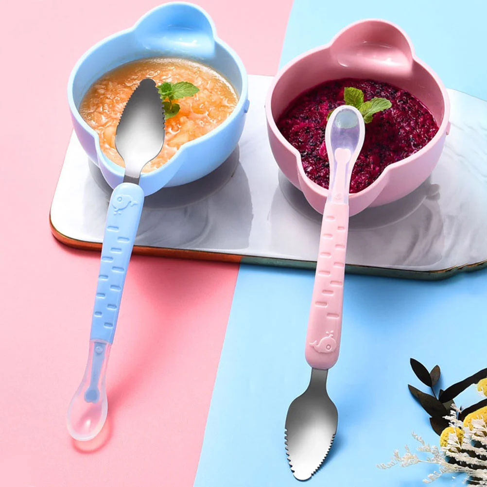 2 Pcs Sawx Scraper Scraping Spoon Double-headed Feeding Silicone Handle Stainless Steel Toddler