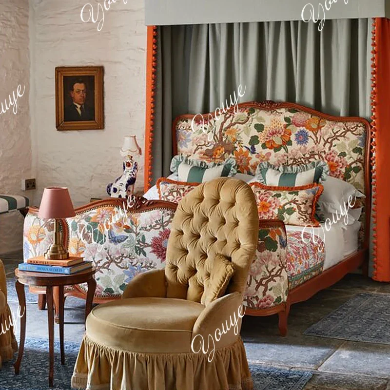 

N49 French Retro Printed Solid Wood Bed American Home Light Luxury Carved Bed Neoclassical Master Bedroom Wedding Bed 1.8 Meters