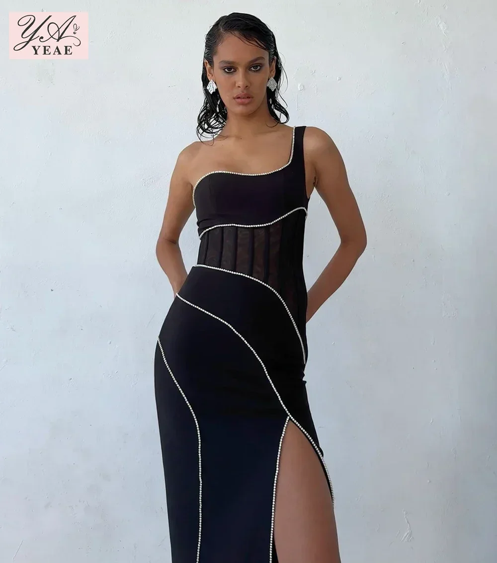 2024 New Women's Black Sexy One Shoulder Sleeveless Diamond Long High Slit Bandage Dress Elegant Celebrity Party Dress