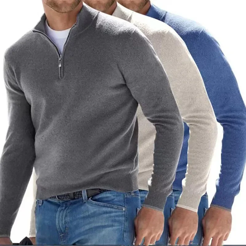 

New Fall Long-sleeved V-neck Wool Fleece Zipper Men's Casual Versatile Tops Polo Shirt Solid Color Long-sleeved Men Clothing