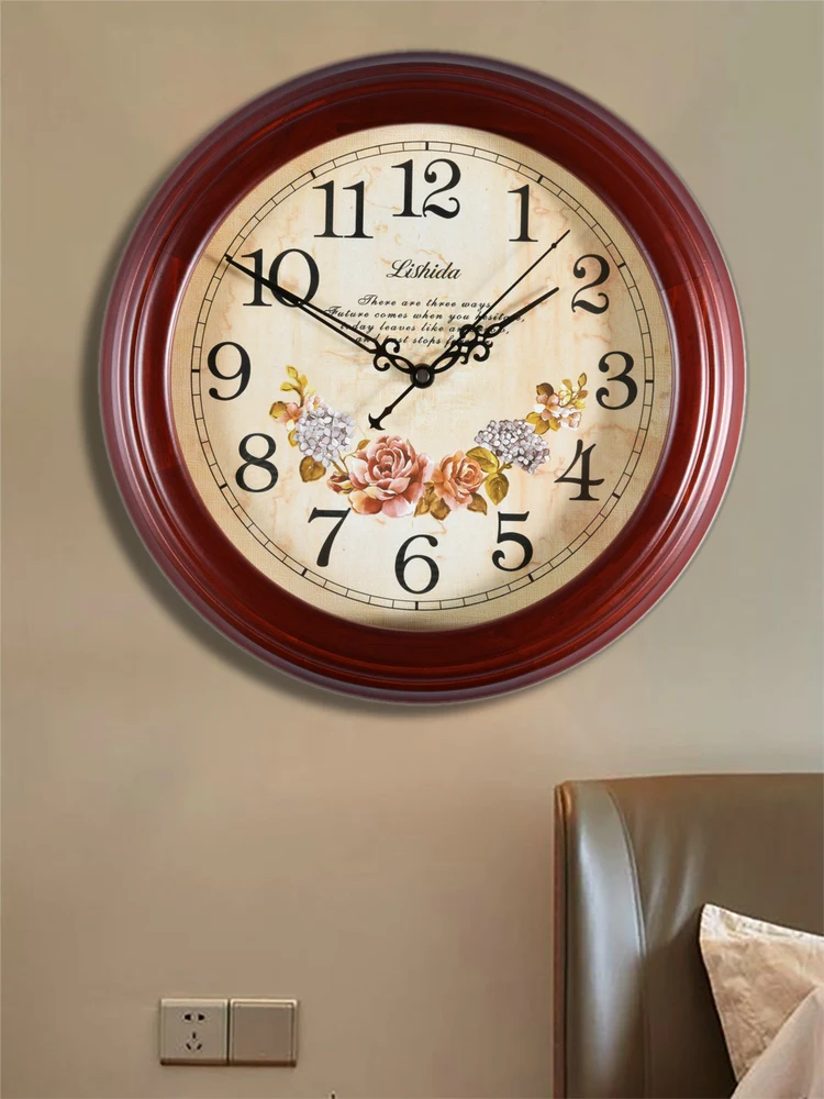 

The product can be customized.Solid wood European silent living room wall clock American retro wooden clock fashion