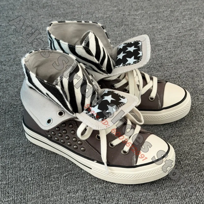 Zebra Print Fold Over High Top Sneakers Star Patched Hook And Loop Tongue Metal Rivet Decor Lace Up Ladies Canvas Shoes