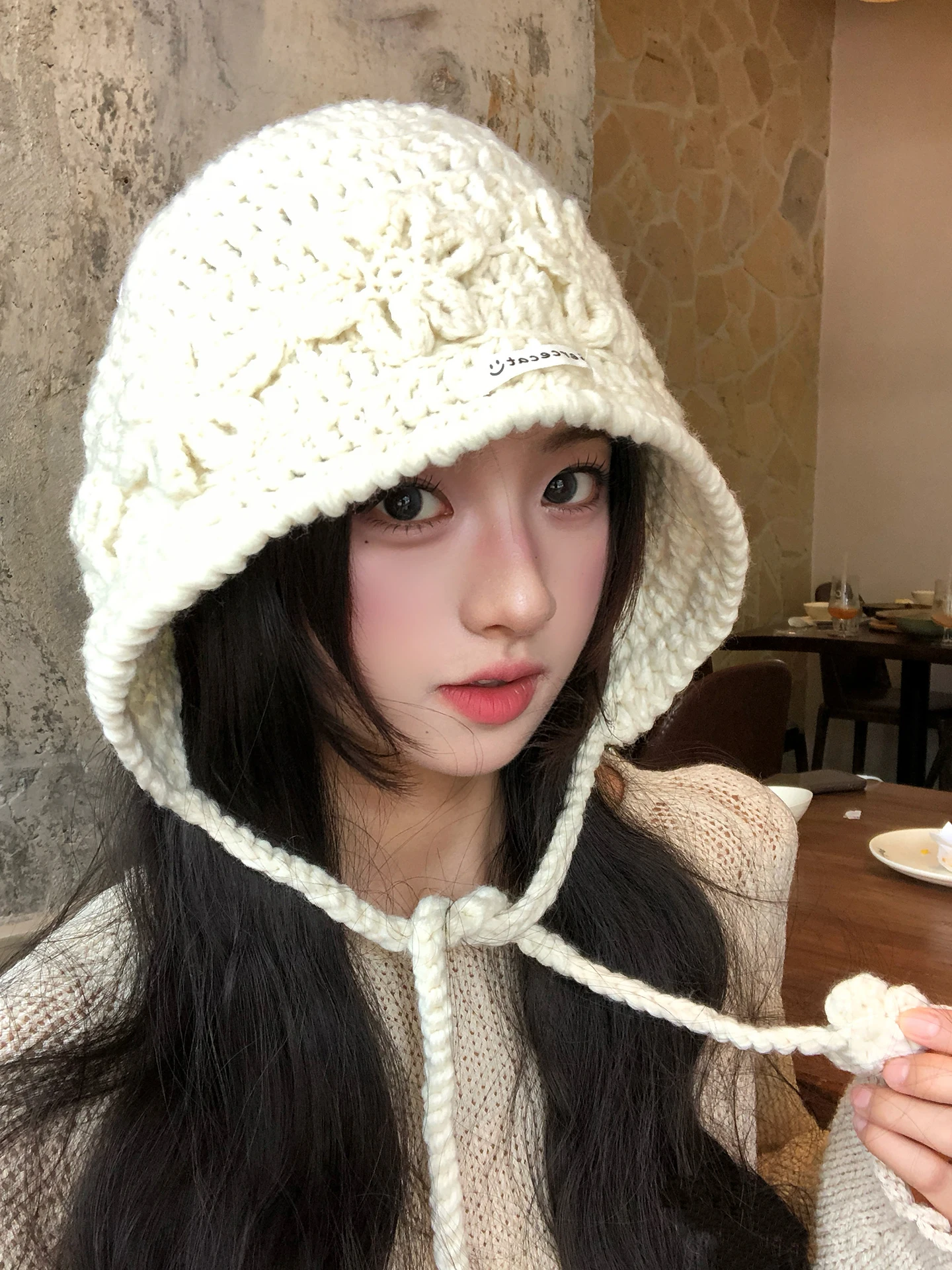 Handmade Knitted Flower Tassel Headband Women's Early Autumn New Style Small Face Effect Knit Woolen Cap Casual round Top Unisex