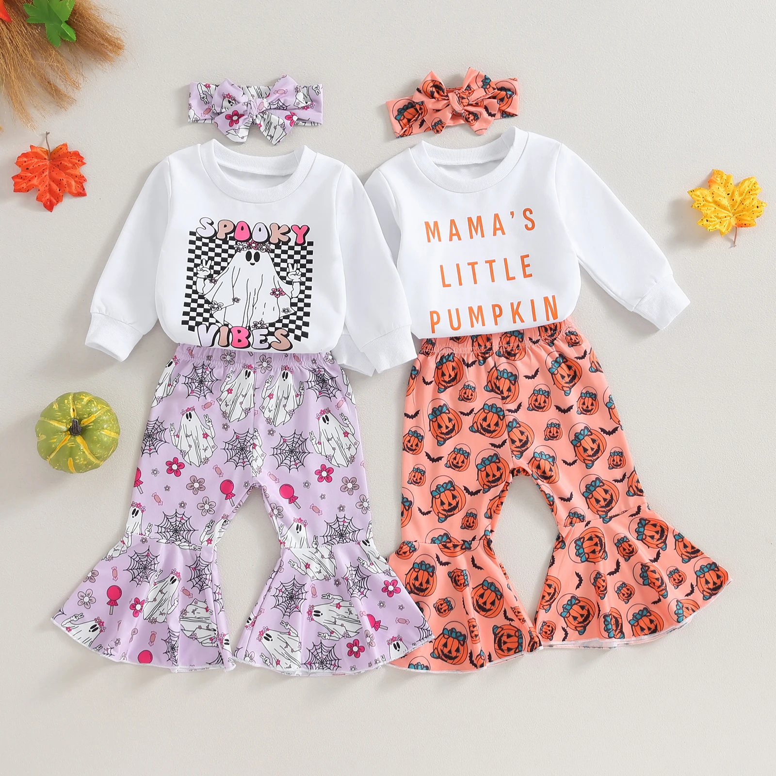 

Baby Girls Halloween Outfits Toddler Ghost Print Round Neck Sweatshirt and Flared Pants Set Headband Infant Suits