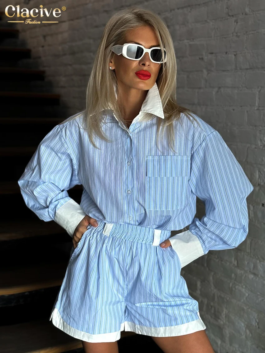 

Clacive Fashion Loose Blue Stripe 2 Piece Sets Women Outfit 2024 Elegant Long Sleeve Shirt With Patchwrok High Waist Shorts Set