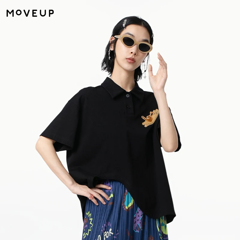 

MOVEUP Loose Short Sleeves Polo Shirt 2026 Summer New Pure Cotton Irregular Hem Fun Embroidered Casual Top For Women 325210519