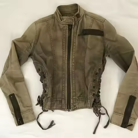 Y2K Retro Army Green Zipper Jacket Women Harajuku Sexy Slim Fit Denim Jacket Autumn Winter Short Stand Collar Coat Goth Clothing