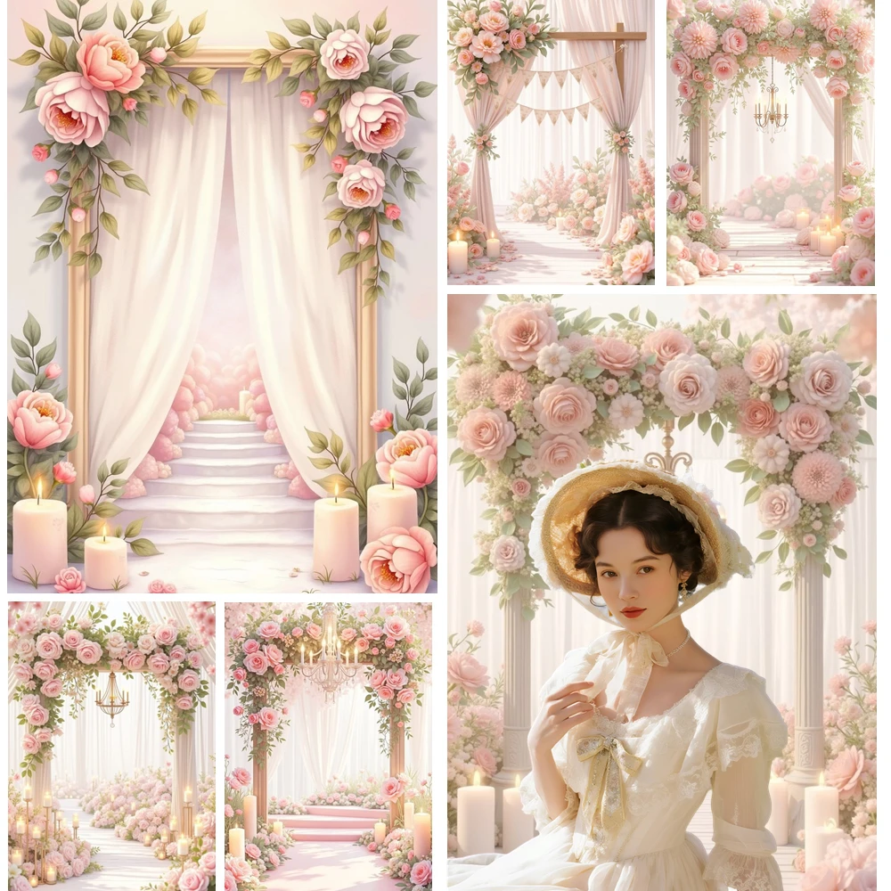 

MOON.QG Spring Pink Floral Backgrounds For Photographs Curtains Chandelier Candle Backdrop Birthday Decoration Photo Studio Wall