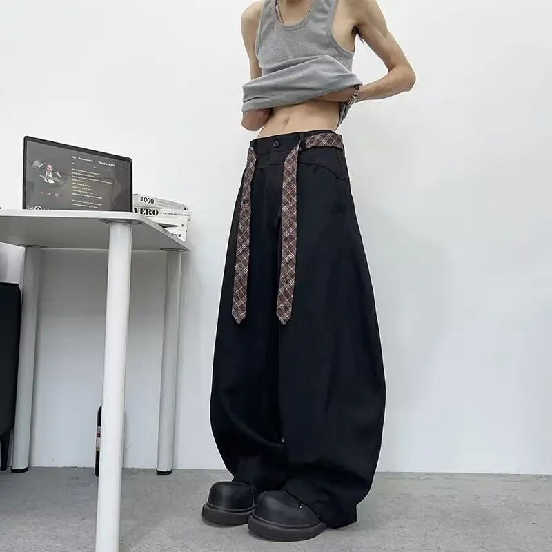 

Summer Men's Casual Bla Drapey Wide Leg Pants High Waist Loose Fit Straight Cut Trousers Hip Hop Sle Polyester Fiber