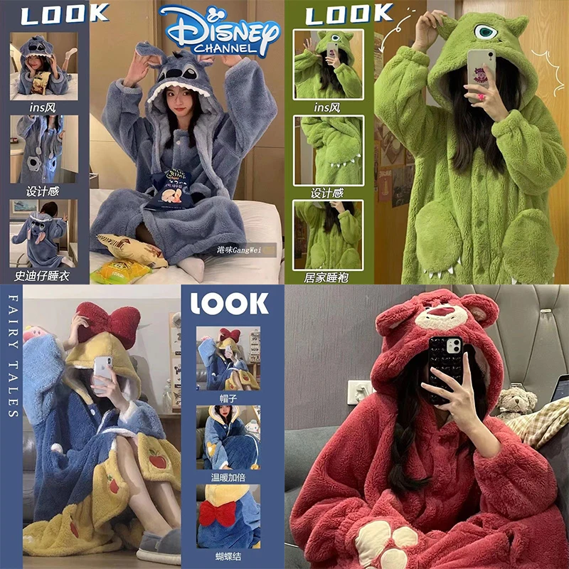 Disney Kawaii Stitch Pajama Cartoon Snow White Thickened Pajama Mid-length Male Female Sweet Outer Dressing Gown Bathrobe Gift