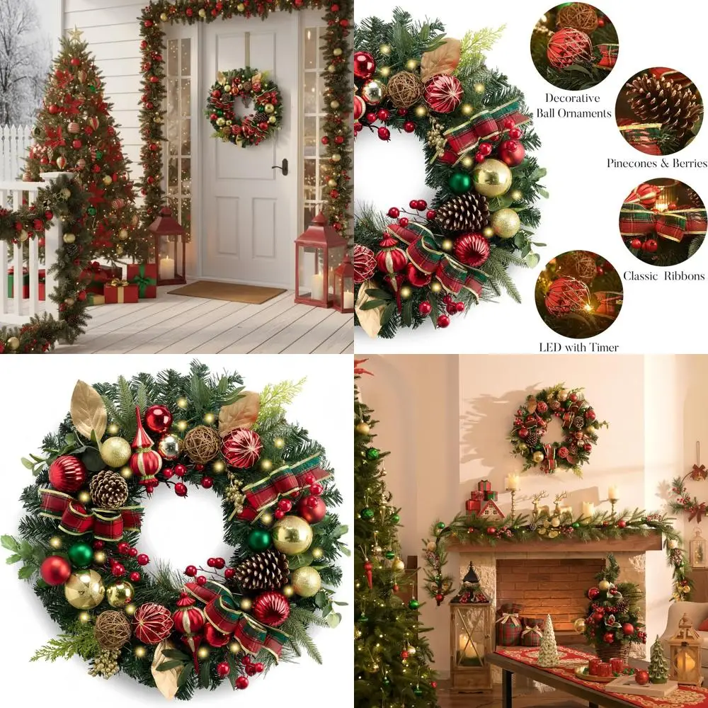 

24 Inch Pre-Lit Christmas Wreath with Red, Green, and Gold Balls for Outdoor Home Decoration