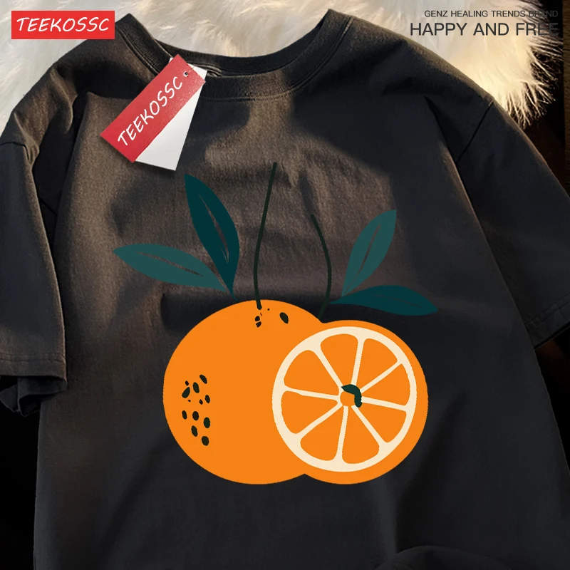 맛있는 오렌지 패턴 프린트 Y2K 멋진 여성 티셔츠 오버사이즈 코튼 티셔츠 트렌디 여름 스포츠웨어 스트리트 스포츠 의류