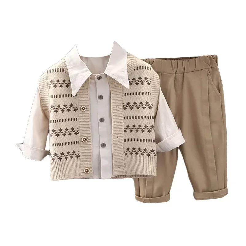 2023 Spring 3PCS Baby Boys Clothing Set Sweater Cardigan Vest Long Sleeve Shirts Jeans Pants Boys Clothes Set Autumn New