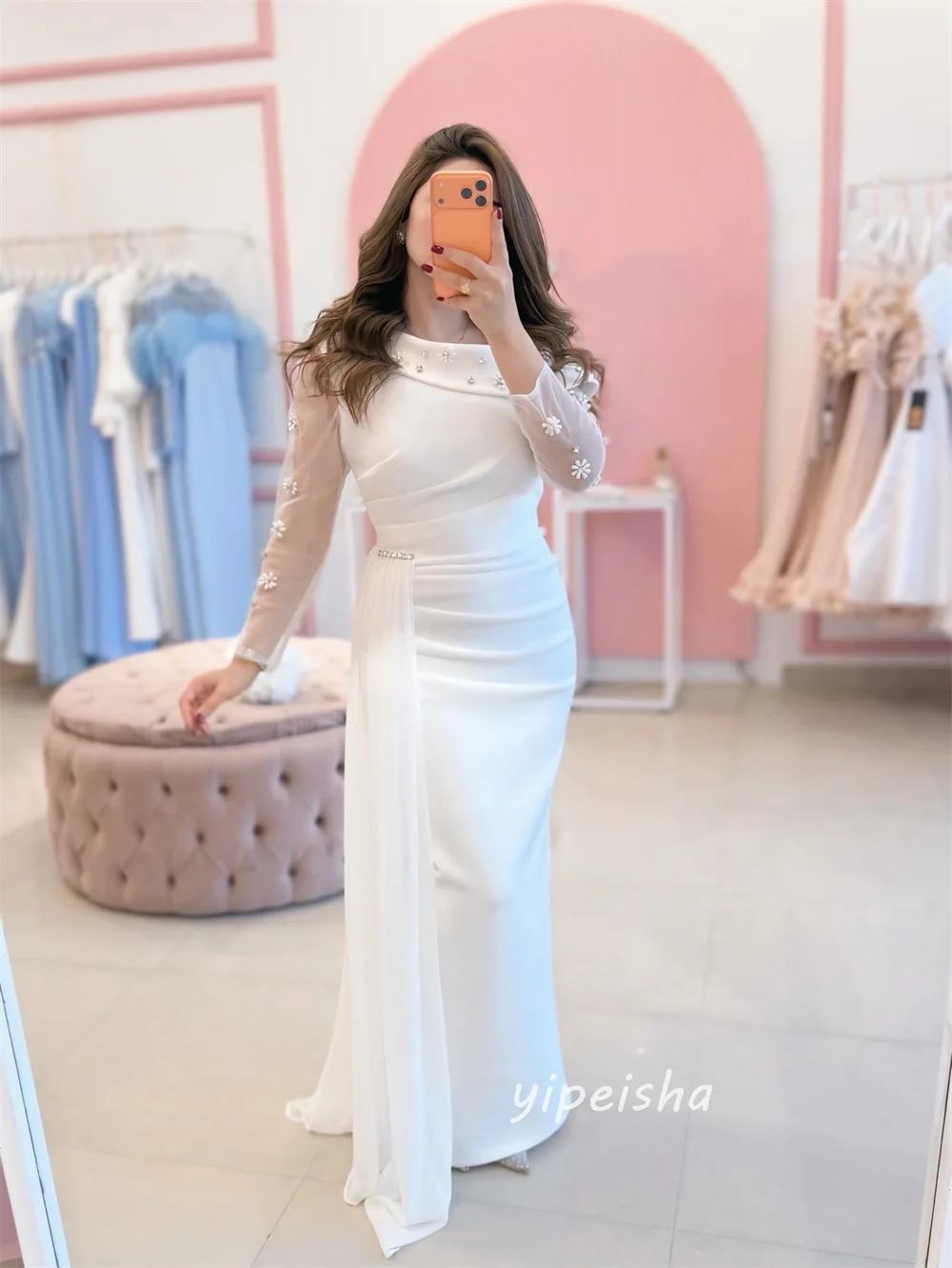 Personalizado blanco intrincado moda Jersey flor Rhinestone plisado sirena fuera del hombro vestidos largos vestidos de noche formales