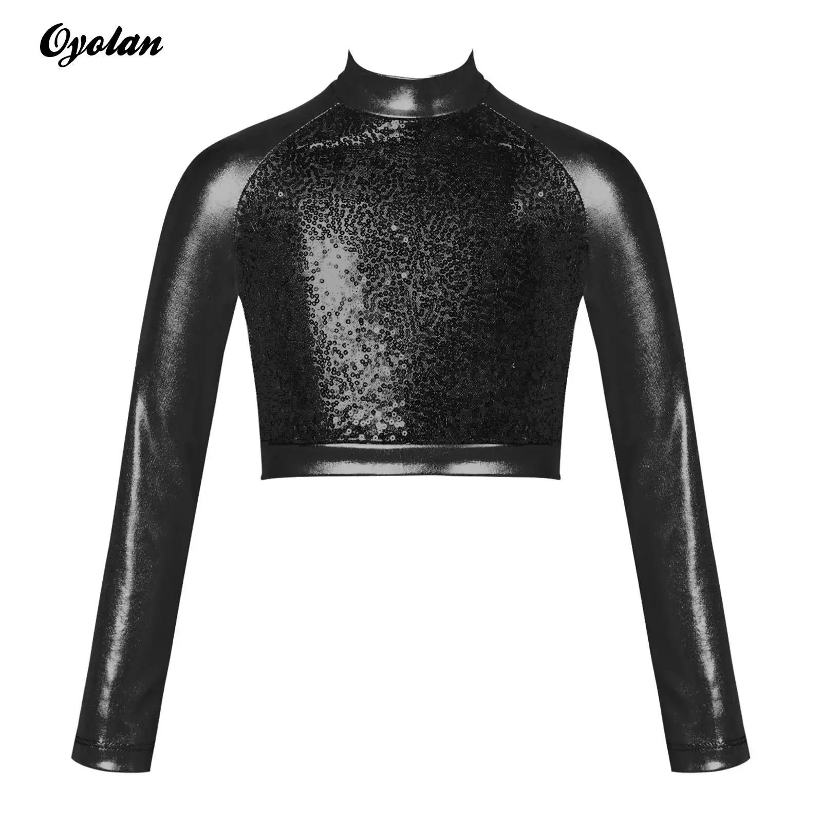 Kids Girls Shiny Metallic Ballet Jazz Hip Hop Dance Performance Top Long Sleeve Front Sequin Fully Lined Skating Crop Tops