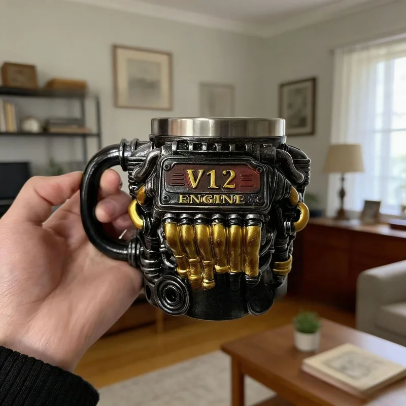 

Кружка из нержавеющей стали с внутренним покрытием в виде двигателя V12, минималистичный дизайн, в стиле панк, для мужчин