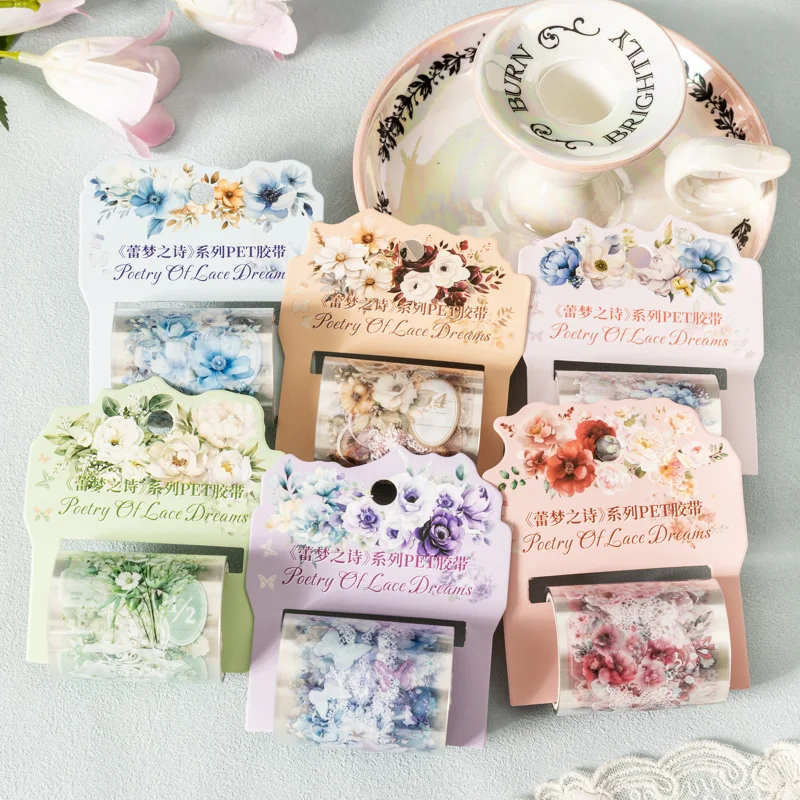 Journal GO 5x200cm Poetry of Lace Dream Collage PET Tape Sticker Vintage Flower Masking Tape Creative DIY Journal Scrapbooking