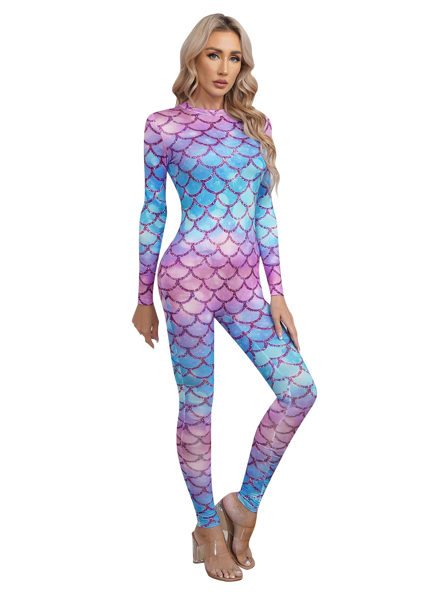 Womens Mermaid Costume Fish Scale Print Jumpsuit One Piece Long Sleeve Catsuits Back Zipper Full Body Stretch Bodysuit Beachwear