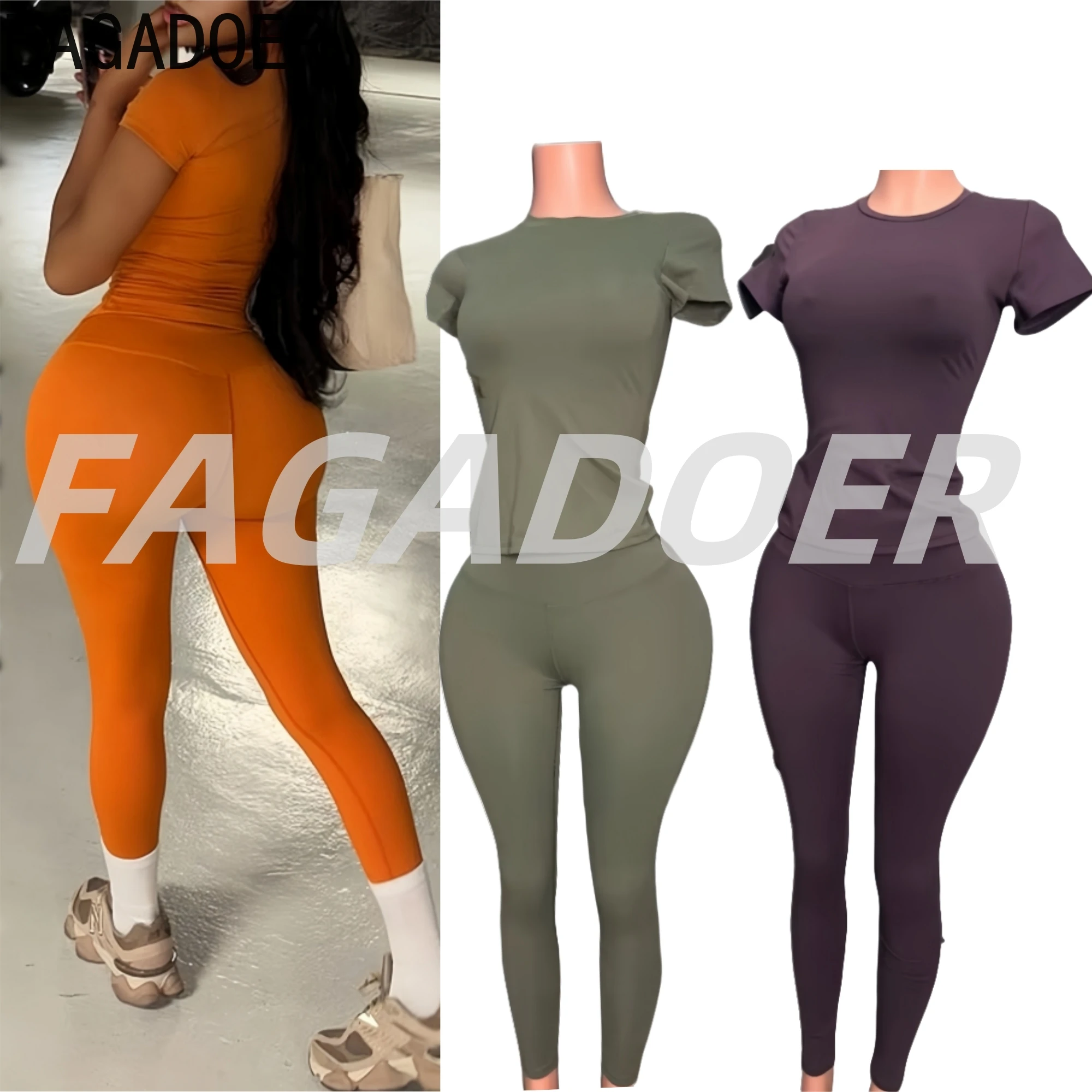 

FAGADOER Fashion High Quality 2 Pieces Set for Woman Solid Shorts Sleeve Crop Top + Pants Jogger Suit Female Streetwear Clothing