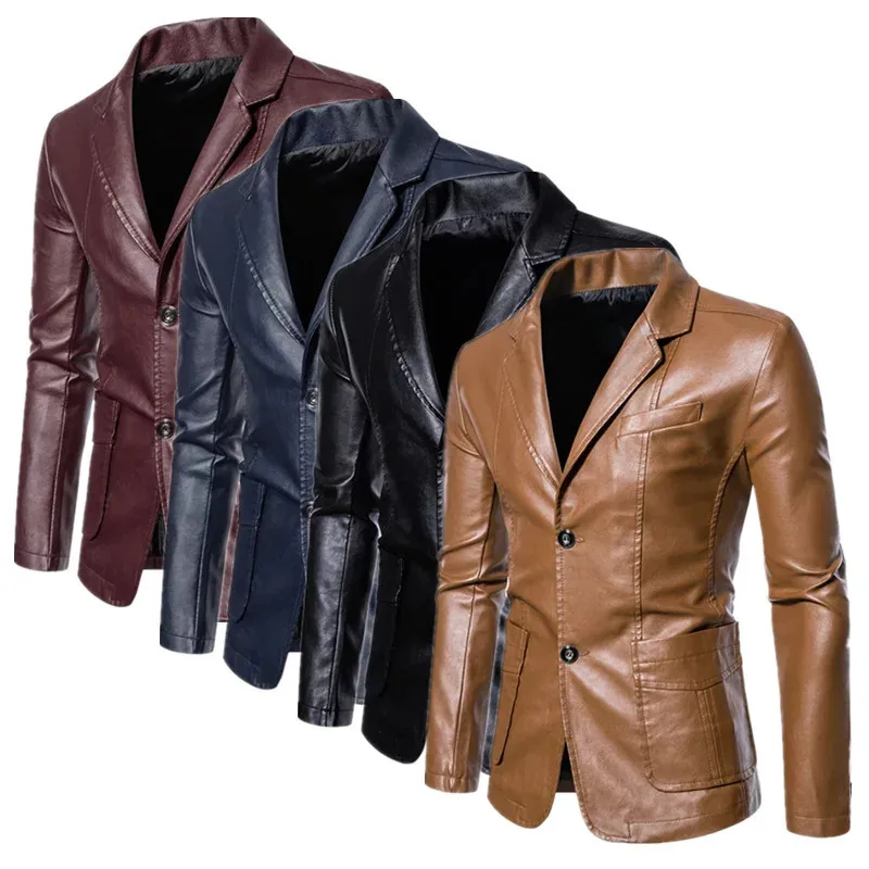 2024 New Men Business Casual Leather Jacket Black / khaki Fashion Male Suit Collar Coats