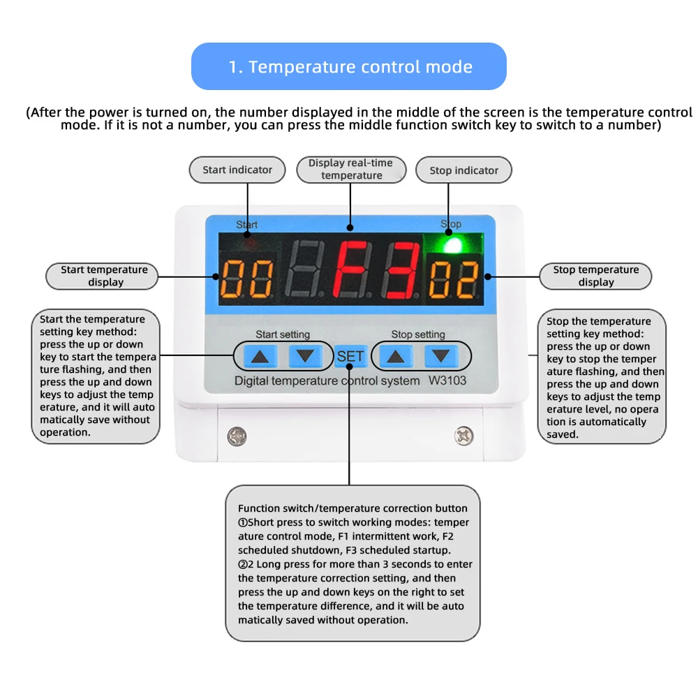 AC 220V DC 12V 24V Digital Thermostat 30A Temperature Controller Temperature Control Switch Wall Hanging Max 6600W W3103