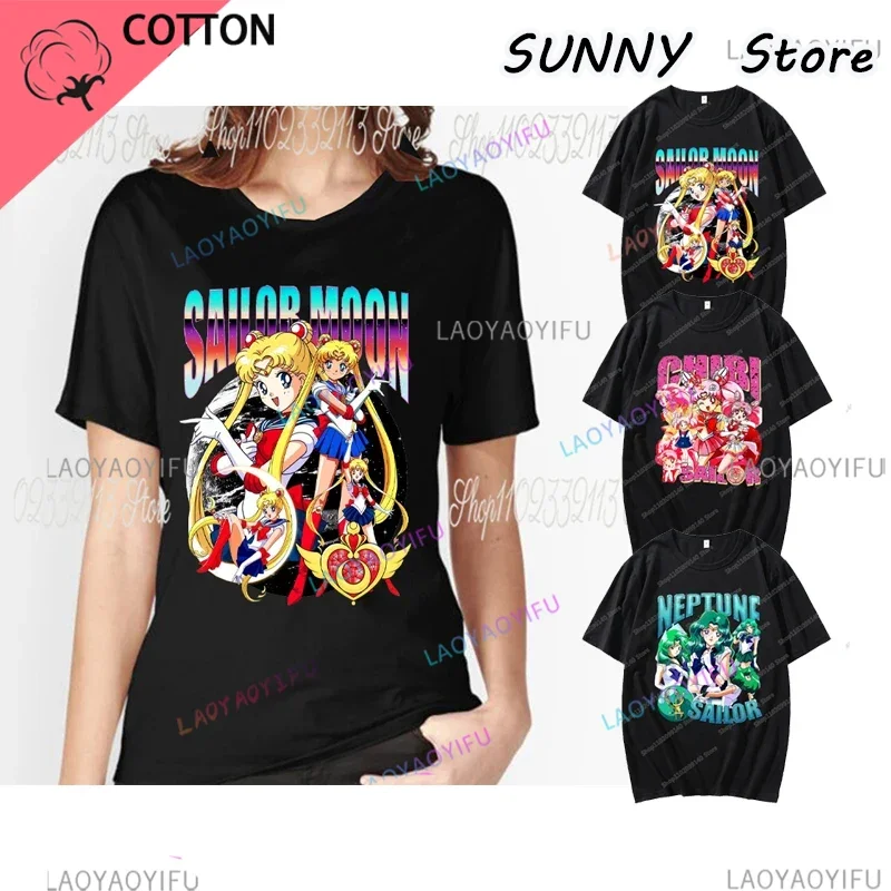 Streetwear Black T-Shirt Japanese Anime Sailor -Moon Vintage T Shirt Summer Harajuku MDE Tshirt Short Sleeve Tops