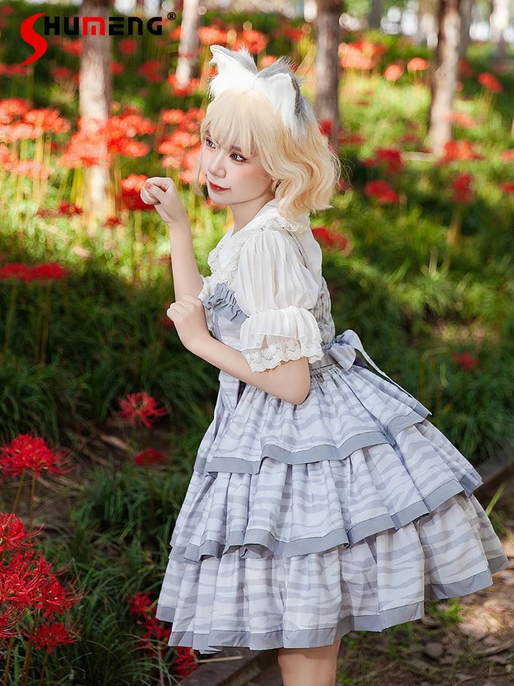 

Japanese Style Sweet Cute Ruffles Splicing Big Bow Square Collar Sleeveless High Waist Tiered Lolita JSK Dress For Women Summer