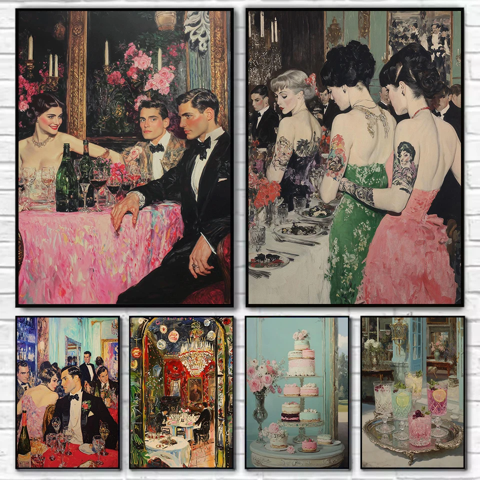 Retro Abstract Fashion Dinner Party Rococo Dessert Cake Cocktail Poster Canvas Painting Wall Art Pictures Home Decor