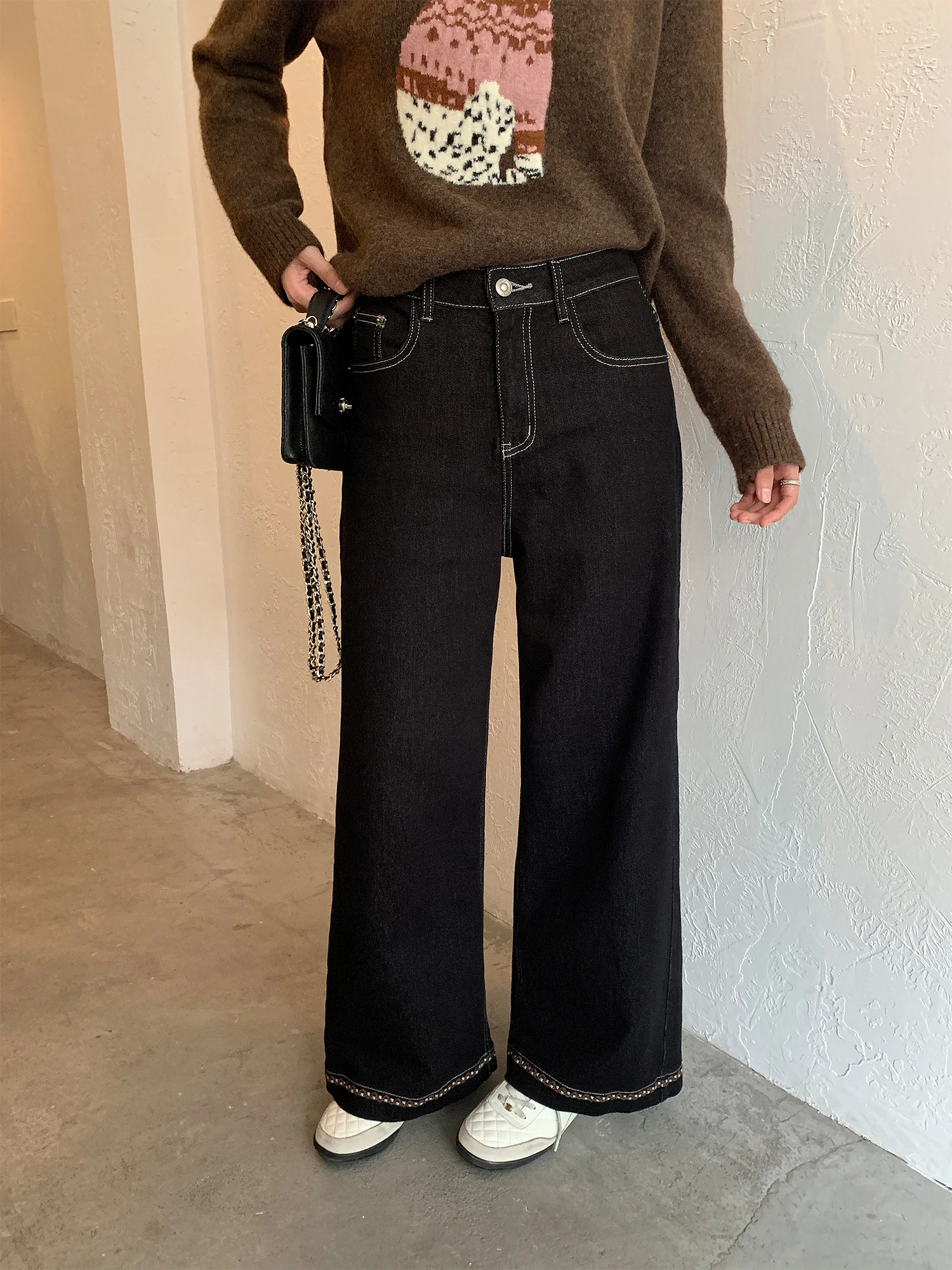 

Женские джинсы прямого кроя с широкими штанинами, высокой талией, вышивкой и вставками в стиле ретро, свободного кроя, осенние, из денима