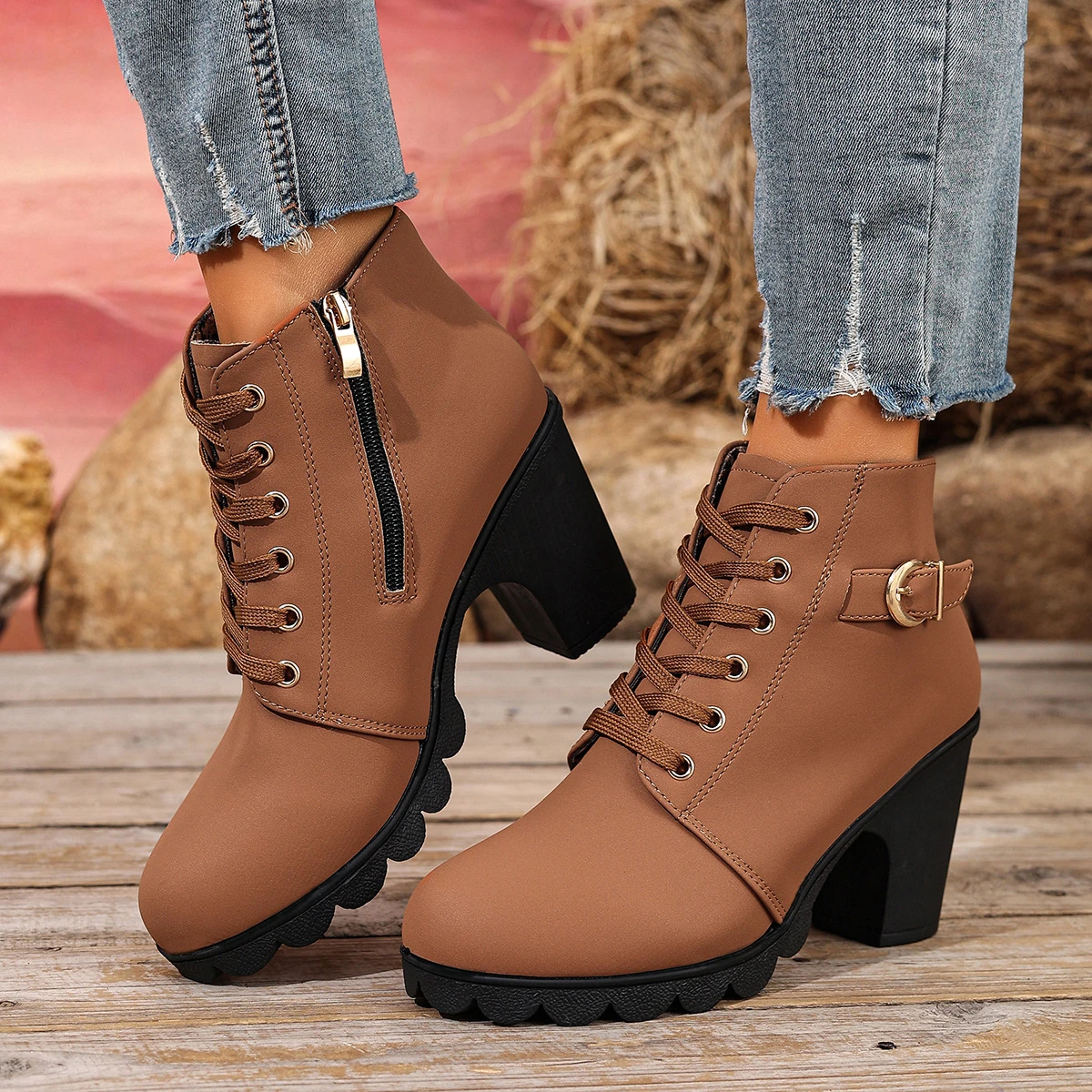 Women Boots Autumn High Quality Boots Lace-up High Heels Shoes for Women Winter Outdoor Fashion Anti-slip Boots Botas De Mujer