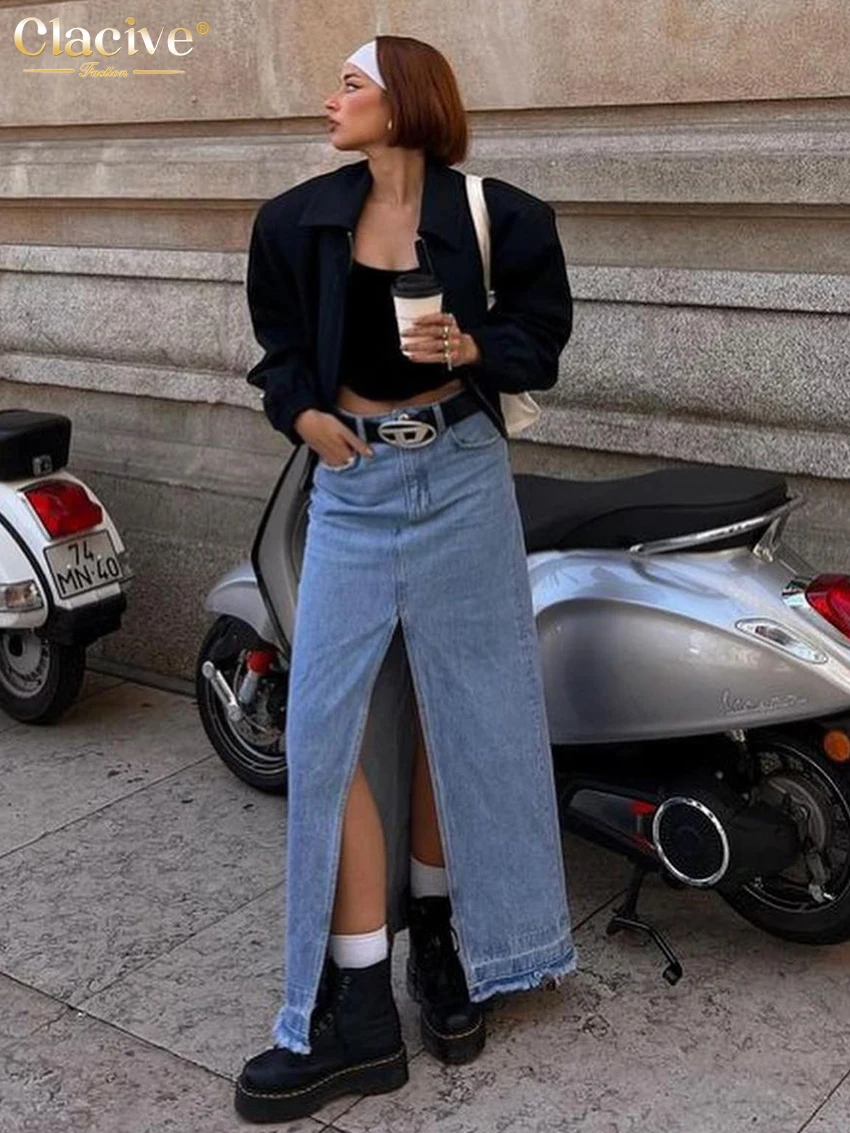 

Clacive Fashion Blue Denim Skirts For Women Elegant High Waist Slit Long Skirt Streetwear Casual Chic Faldas Female Clothing