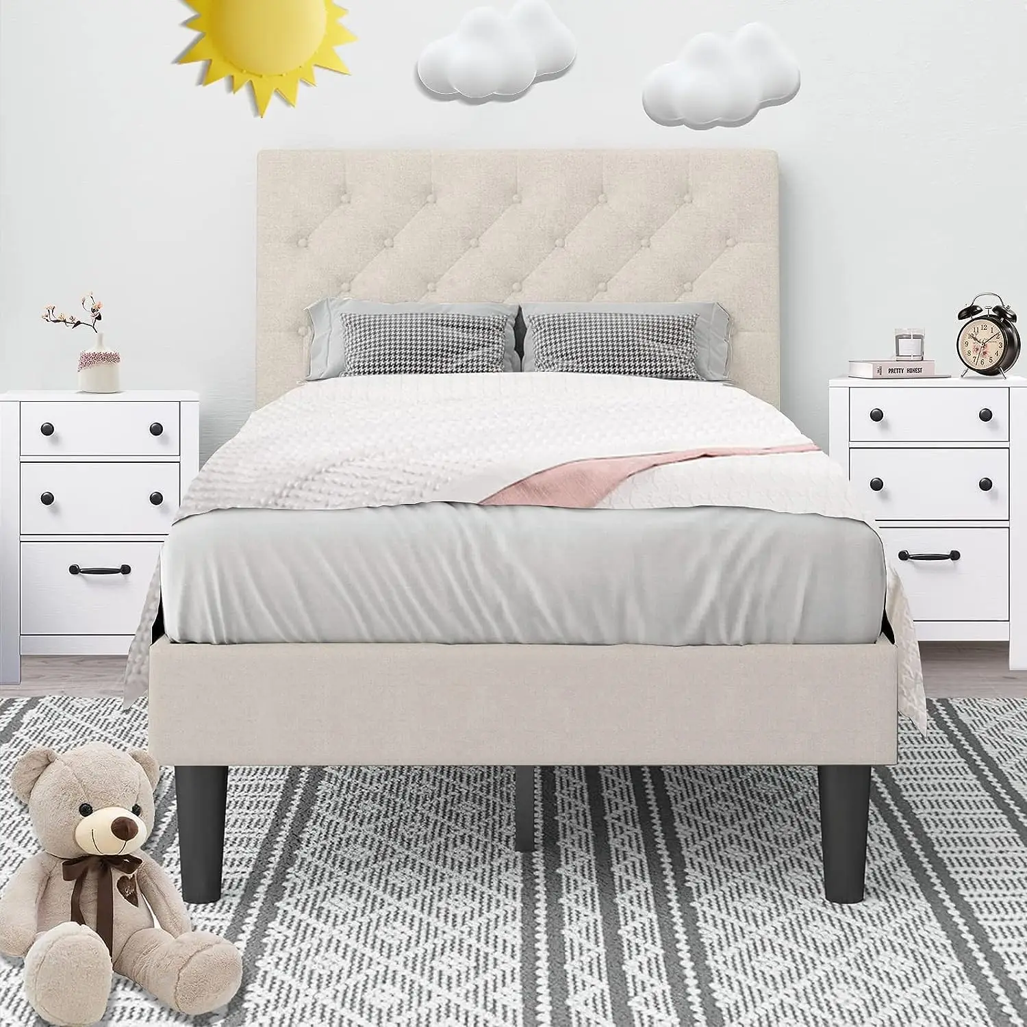 

Twin Bed Frames with Headboard, Twin Upholstered Bed Frame with Linen Fabric Button, Mattress Foundation, Wood Slat Support