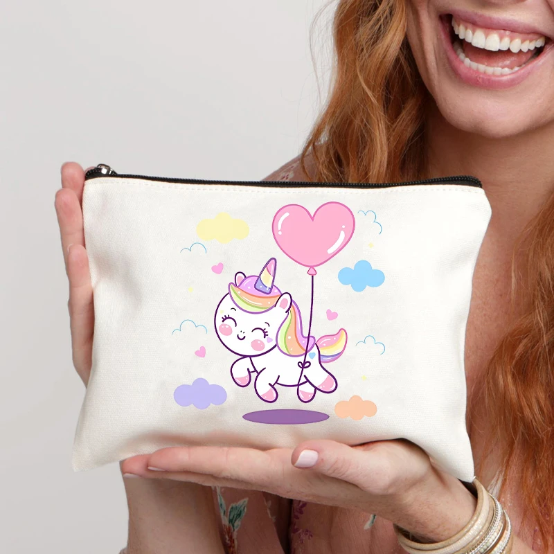 Bolsa de maquillaje con patrón de unicornio para mujer, estuche de lápices Kawaii para amantes de los dibujos animados, organizador de cosméticos para chica escolar, monedero lindo, regalo