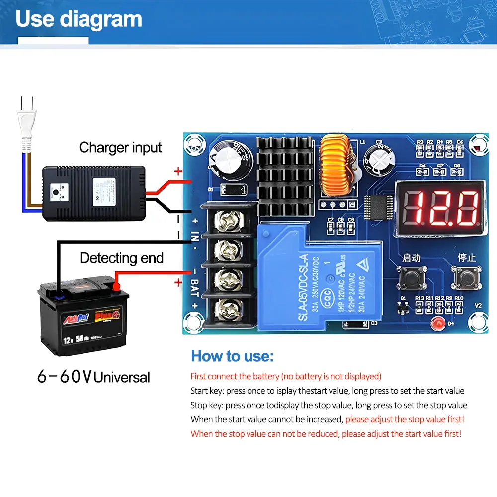 XH-M634 Battery Charger Control Module DC 6-60V Storage Lithium Battery Charging Control Switch Protection Board