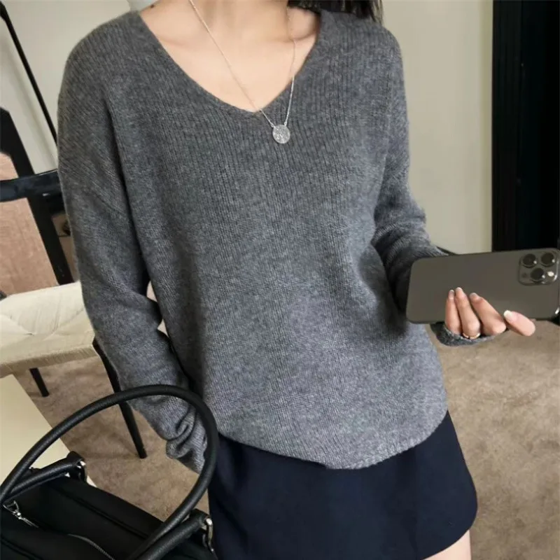 Simple Loose V-Neck 10% Cashmere Sweater Women's Bottom Knit Jumper Autumn Winter 90% Wool Knitwear Female High Quality With Top