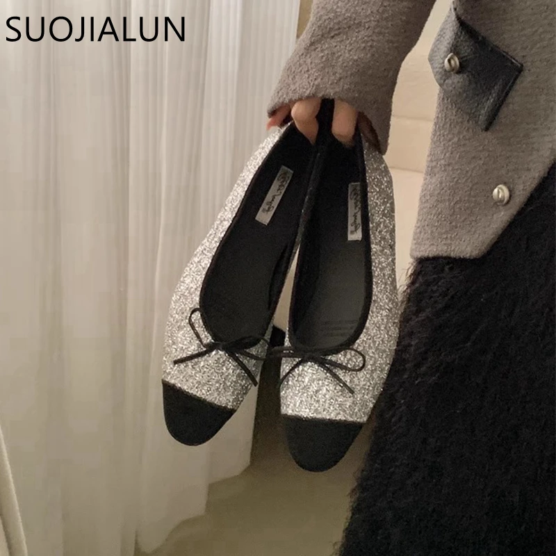 SUOJIALUN 2024 Spring New Women Flat Ballerinas Shoes Fashion Bling Fabric Ladies Elegan Shllow Slip On Ballet Shoes Soft Flats