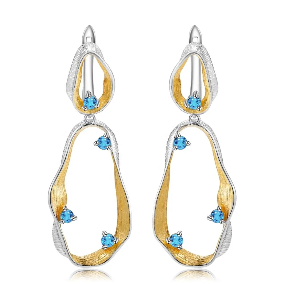 

Natural blue topaz gemstone boho fashion gold plated 925 sterling silver jewelry earring