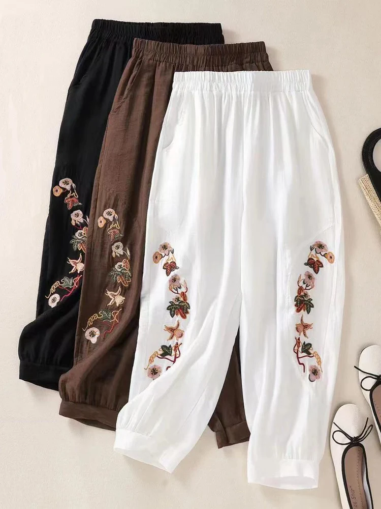 

Vintage Literary Women Flower Embroidered Lantern Pants 2024 New Autumn Casual Loose Calf-Length Harem Pants for Women Bloomers