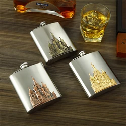 6OZ Stainless Steel Hip Flask with Palace Castle Reliefs Wine Pot Portable Hip Flask Travel Alcohol Liquor Bottle