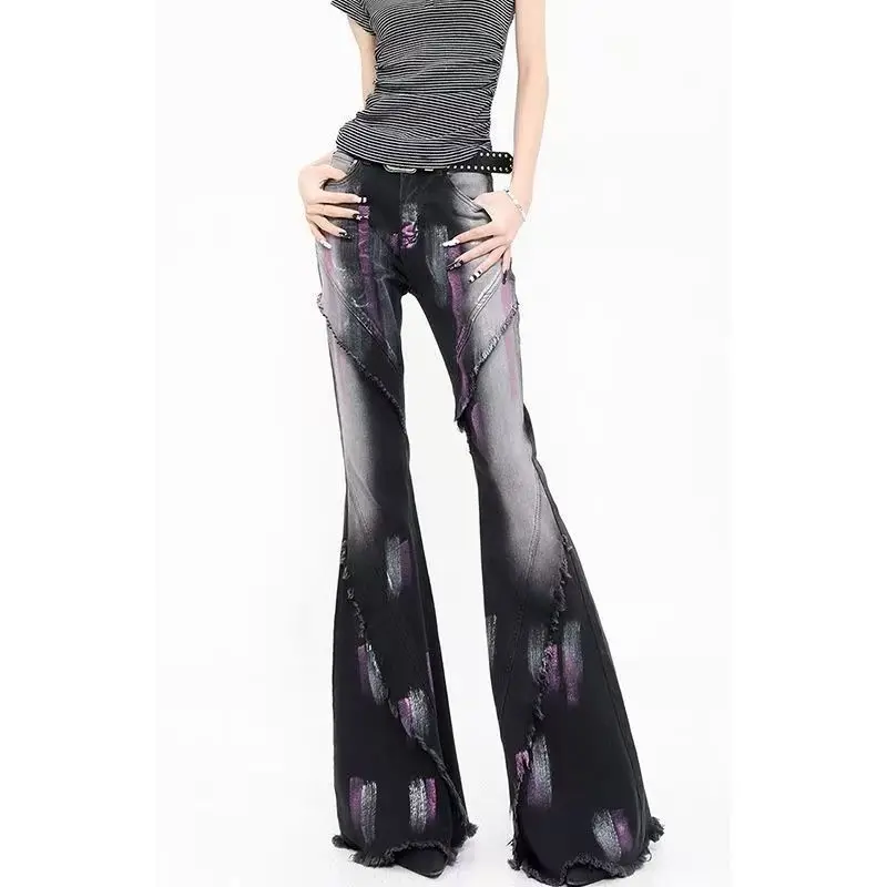 Spicy Style Slim Fit Elastic Micro Flared Jeans for Women with Retro Contrasting Color Design and Fringed Flared Pants