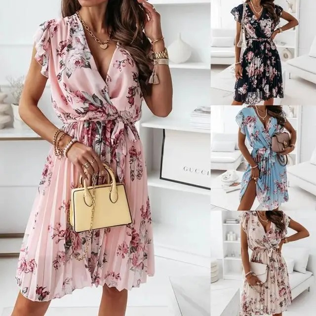 Damenkleider 2026 Sommer Gerüschtes Kurzarm-Kleid mit V-Ausschnitt Digital Bedrucktes Knielanges Kleid Damenmode Vestidos