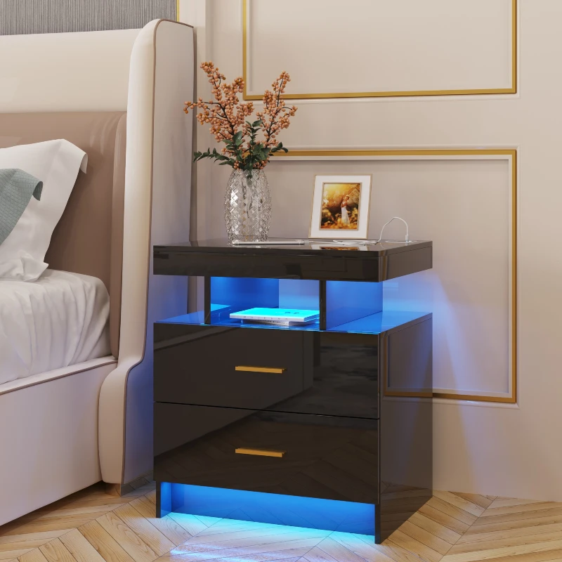 

LED lamp bedside table human body induction USB port end side table with drawer/open storage table side cabinet