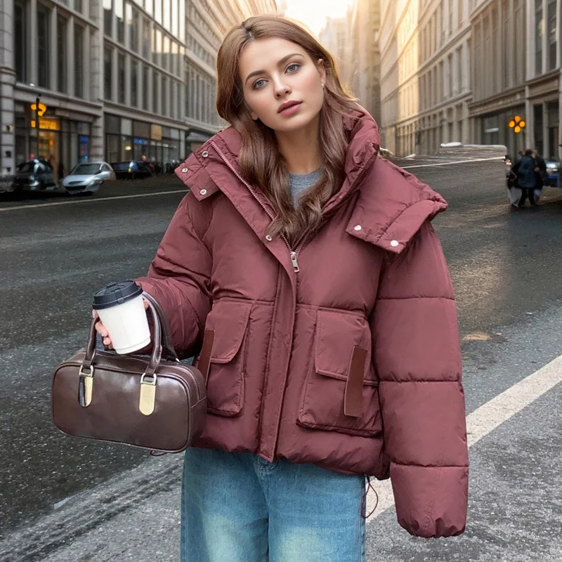 2024 Winter New Fashion Down Cotton Short Jacket Women Thick Warm Loose Cocoon Type Hooded Diamond Puffer Coat Female Outwear