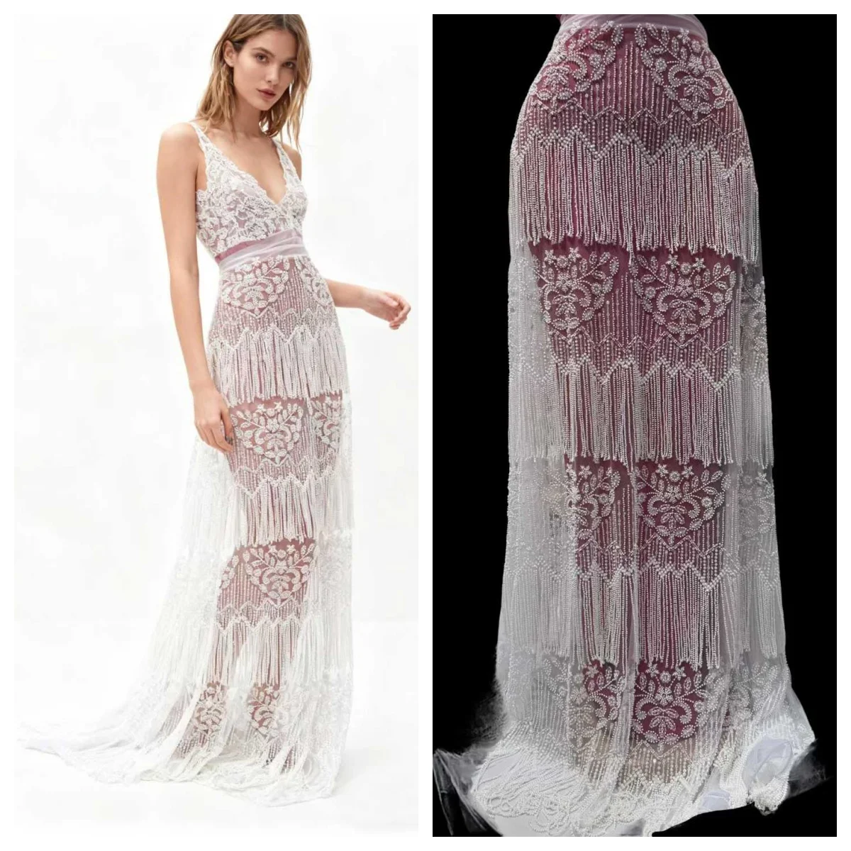 

Luxury African White Beaded Sequins Lace Fabrics Heavy Lace Fabric Embroidered Beads Lace Fabrics for Party Dresses Sewing